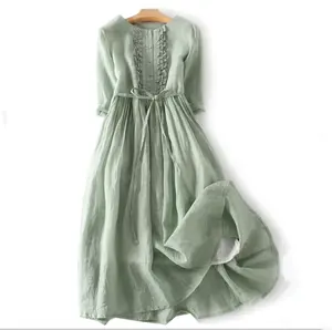 2023 estate bianco cotone lino abiti da vacanza per le donne boho vintage lungo verde smeraldo lino maxi vestito da donna di alta qualità