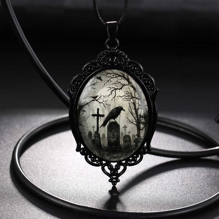 Retro Gothic Style Bat Castle Crow Cross Blood Black Cat Church Cemetery  Graveyard Vampire Vintage Design Photo Frame Necklace