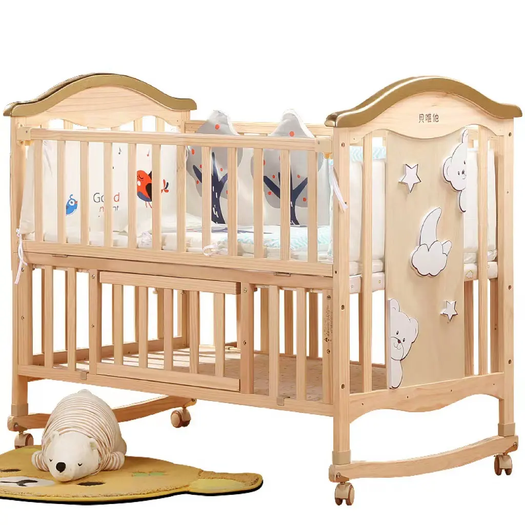 어린이 침대 단단한 나무 lacquerless 아기 요람 다기능 어린이 신생아 이동식 접합 큰 침대