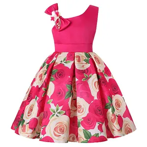 Neues Muster Schräge Schulter Rose Print Boby Girl Kleider Party Bogen ohne Ärmel Abend party Kinder geburtstags kleid