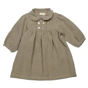 French Terry Girls Long Sleeve Peplum Button Dress Drop Waist Ruffle Sweater Baby Dress