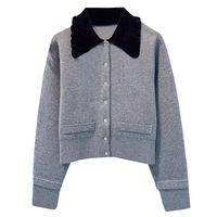 Haut gris élégant pour femme, col poupée, patchwork, col court, cardigan en maille, vêtement d'extérieur, collection Automne Hiver 2026