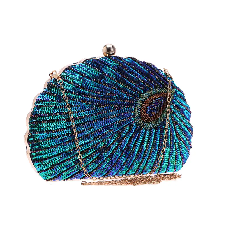 Women's Vintage Handbag Kiss Lock Beaded Sequin Clutch Purse Peacock Clutch Bag - Peacock Blue Black