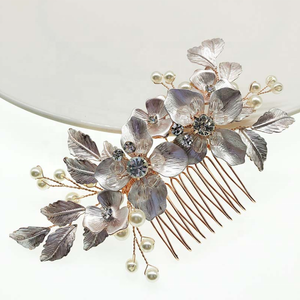 Liyounq — <span class=keywords><strong>Barrette</strong></span> en métal doré <span class=keywords><strong>Rose</strong></span> clair pour mariage, peigne nuptial avec strass en forme de fleur faite à la main - Product Image 5