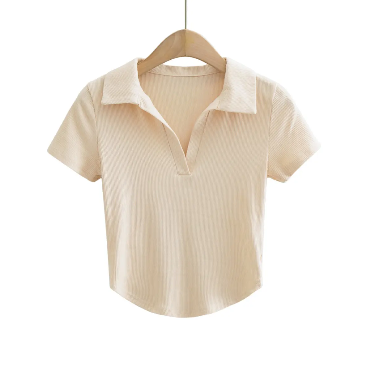 Pure POLO collar curved hem short sleeve T-shirt women's summer stretch thread basic yoga fitness top