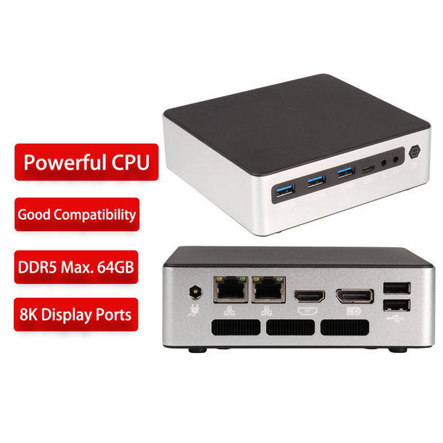 Latest 14th NUC Ultra 7 155U Micro PC 8K 3 Display Port Mini PC 12 Cores 4.8GHz 2 RJ45 Lan Win 11 Linux DDR5 Mini Computer