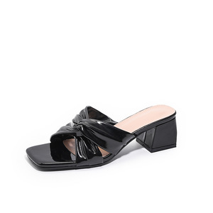 Sandalias de Tacón de Cuero Plateado con Lazo, Punta Cuadrada, Tacón Ancho, Estilo Slip-On, Zapatos de Verano para Mujer - Product Image 2