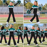 Ensemble de survêtement de cheerleading bleu sarcelle et noir personnalisé pour hommes, femmes et jeunes – Veste à col montant entièrement zippée et pantalon – Ne décolore pas – Tenue d'équipe