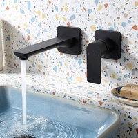 Robinet de lavabo mural noir encastré à 2 trous, mitigeur chaud/froid en laiton pour projet de salle de bain