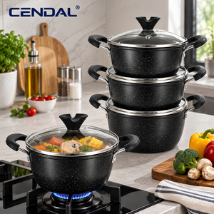 Ensemble de 4 casseroles classiques en fer durable avec revêtement antiadhésif, couvercle en verre, poignée en plastique, empilables pour gagner de la place dans la cuisine - Product Image 2