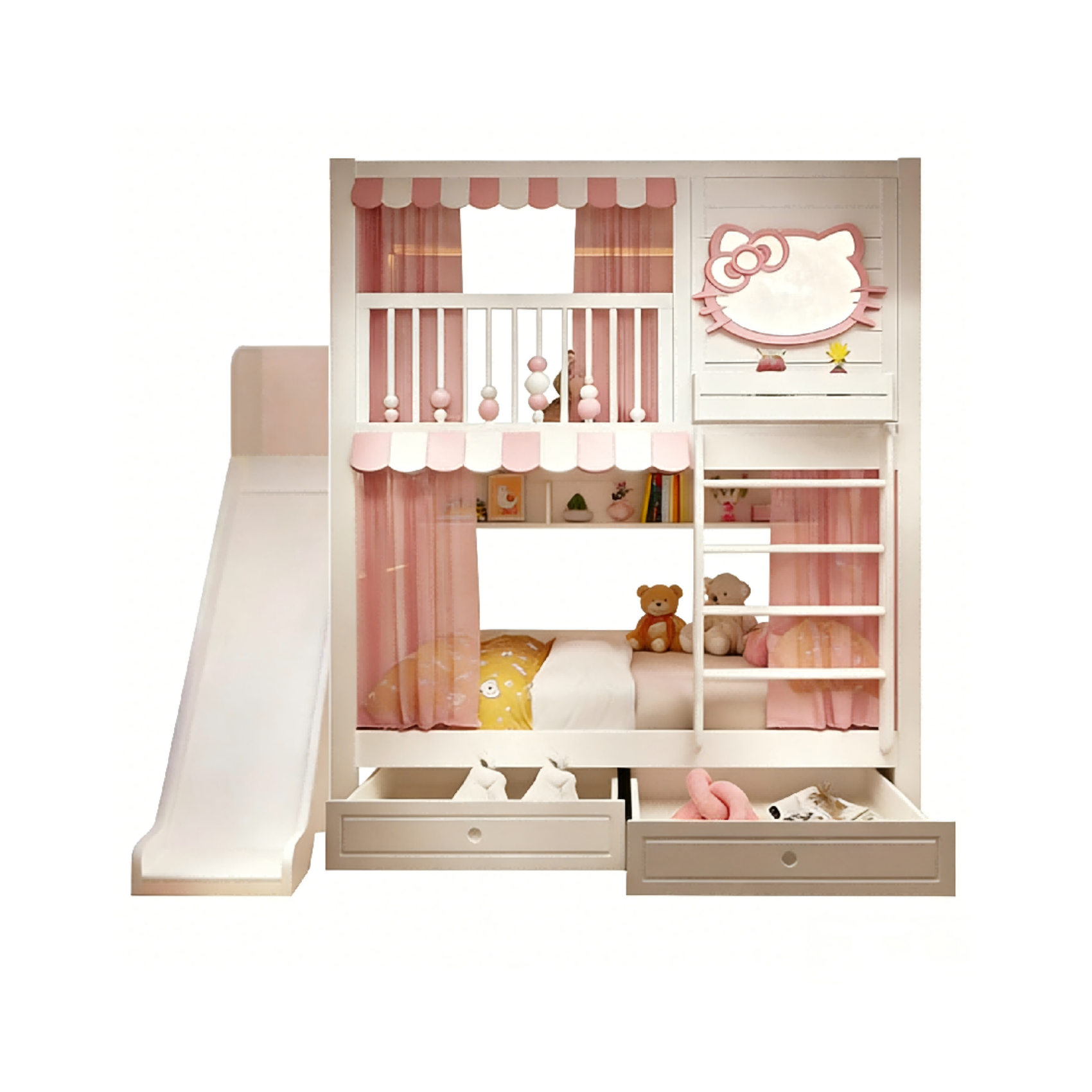 Lit superposé avec toboggan, tiroirs et lit gigogne