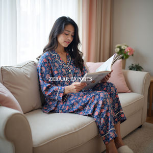 Conjunto ODM de pijama de algodón 100% con estampado elegante de verano personalizado de otoño y primavera, ropa de descanso suave transpirable con estilo informal de MOQ bajo - Product Image 4