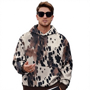 Sweat-shirt à capuche pour homme à imprimé léopard, coupe classique, en polyester tricoté, style décontracté d'automne, respirant, avec poche - Product Image 1