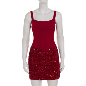 Vestido de Fiesta Rojo con Lentejuelas, Ajustado, Midi, Sexy, para Navidad, con Definición de Cintura - Product Image 6