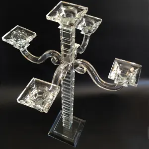 Baru Datang Kristal Murah Candelabra Tengah Kubus Berdiri 5 Lengan Kaca Candelabra Dekorasi Pernikahan