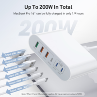 HNT 200W Chargeur Rapide GaN Station de Charge Rapide 6 Ports USB-C USB-A Adaptateur Secteur Multi-Ports PD pour Ordinateur Portable Tablette Téléphone