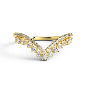 Bague de mariage et de fiançailles vintage plaquée or 18K 14K, en forme de V, incurvée, avec diamant de laboratoire taille brillant rond et pavé - Product Image 1