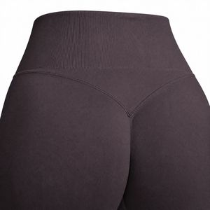 Seamless High Waist Yoga <b>Legging</b> with <b>Booty</b> Contour Detail Ribbed Waistband Solid Deep Plum Professional Fitness Collection - Product Image 5