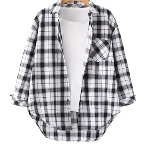 2022 Women Clothing Women's Plus Size Long Sleeve Button Down Checked Plaid Flannel Shirt For Ladies