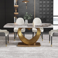 Table à manger rectangulaire moderne Atunus, plateau en ardoise, pieds en acier inoxydable, table en pierre frittée, ensemble de meubles avec chaises