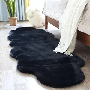 Luxury Natural Fur Fluffy Long Rabbit Faux fur Carbon Black Genuine Sheepskin Rug 2x3 Single Pelt Authentic Fur Area Rug