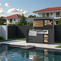 Îlot de cuisine extérieur multifonctionnel en acier inoxydable 304 robuste avec station barbecue, évier, hotte TV et réfrigérateur pour villa et cour