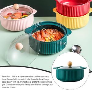 Bol de cuisson en céramique à double anse avec couvercle, grand pot à soupe et nouilles pour la maison, bassine de cuisson individuelle - Product Image 2
