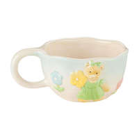 Mug en céramique artisanal de style coréen, 300 ml, isolé, jaune lait, motif irrégulier ours flocons d'avoine et fleurs, tasse à petit-déjeuner, avec logo personnalisé