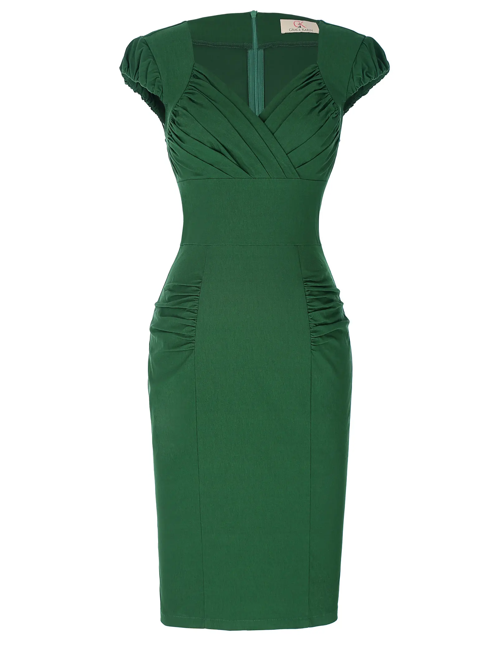 Grace Karin Retro Cap Sleeve Hips-Wrapped Green Women Vintage V Neck Bodycon Dress