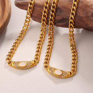 Collier pendentif œil de chat en acier inoxydable plaqué or 18 carats, chaîne cubaine, pierre verte ovale, bijoux pour femmes - Product Image 6
