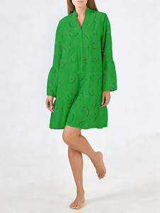 Robe Quotidienne Lavable Coupe Droite Silhouette Évasée en Coton Tricoté 100% Col V Manches Évasées Broderie Longueur Genou Taille Ample - Product Image 1