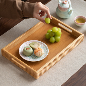 Household bamboo and wood <b>tea</b> <b>tray</b> with handle, rectangular dry brewing <b>tea</b> <b>tray</b>, suitable for <b>tea</b> room and living room storage. - Product Image 1