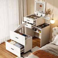 Coiffeuse multifonctionnelle avec chargeur, table de maquillage crème avec miroir LED et plateau rabattable