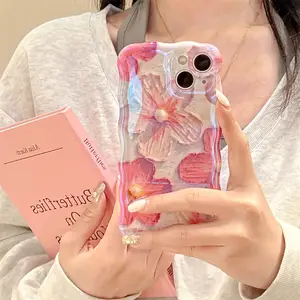 Laudtec SJK187 Pearl Pink Oil Painting Flower Phone Case For Iphone X 7 8 10 11 12 13 14 15 Max Pro Plus
