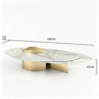 Table basse en marbre courbé avec détails dorés abstraits, style moderne et luxueux, pour salon ou comme table d'appoint.