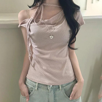 T-shirt asymétrique à pois pour femme, col noué sur le devant, manches courtes, mignon et décontracté, idéal pour l'été et les étudiantes
