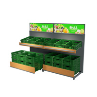 Commerciële 2-laags groentepresentatie rek, geoptimaliseerde mandenopslag. Praktisch productenrek, veel gebruikt in supermarkten.