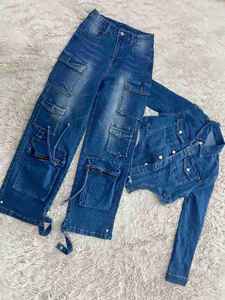 New Casual Long Sleeve Long <b>Pants</b> Multi-Pocket Washed Denim Two Piece Set Women Fashion - Product Image 6