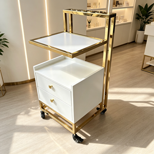 Carrito de Manicura de Lujo con Marco Metálico Dorado, Carrito Rodante Blanco para Salón de Belleza con Cajones y Porta Botellas, Carrito de Almacenamiento para Salón de Belleza - Product Image 1