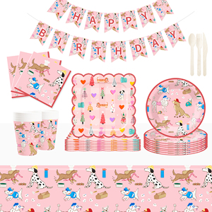 Fournitures pour fête d'anniversaire de chien DAMAI, ensemble de vaisselle pour chiot, assiettes en papier jetables pour chien, serviettes, décorations de fête sur le thème des chiens roses - Product Image 2