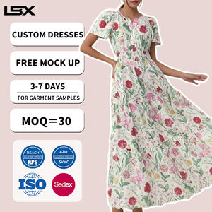 Vestidos Maxi Casuales de Moda para Mujer con Logotipo Personalizado, Manga Abullonada, Estampado Fruncido y Elástico - Product Image 1