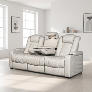 Sofá <span class=keywords><strong>Reclinable</strong></span> Eléctrico Moderno de Cuero Sintético Blanco de <span class=keywords><strong>3</strong></span> <span class=keywords><strong>Plazas</strong></span> con Consola Central Abatible, Mueble para Sala de Estar, Hotel o Cine - Product Image 1