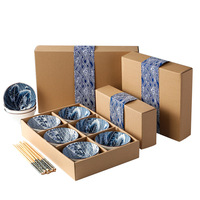 Ensemble de bols en céramique de style japonais, peints à la main, en porcelaine bleue et blanche, boîte cadeau, passe au micro-ondes, vaisselle personnalisable pour