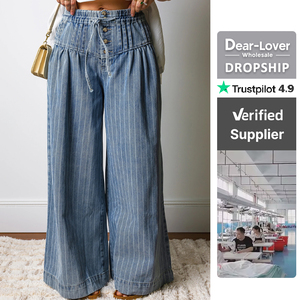 Dear-Lover Wholesale Women Sky Blue Stripe Button Pleated Drawstring Waist Casual Wide Leg <strong>Jeans</strong> - Product Image 1
