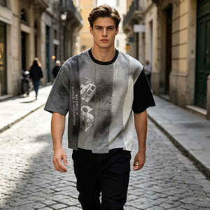 T-shirt Homme Streetwear Personnalisé 100% <span class=keywords><strong>Coton</strong></span> Multi-Panneaux Patchwork Coupe Ample Oversize Effet Délavé au Soleil et Acide Vintage Vieilli - Product Image 2