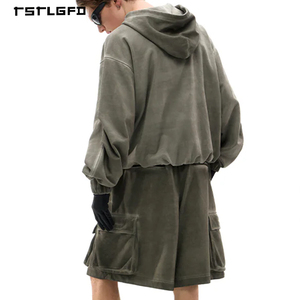 Ensemble de survêtement deux pièces pour homme, personnalisé OEM, style vintage, avec sweat à capuche zippé teint et short cargo en coton épais délavé minéral - Product Image 5