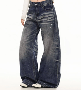 Vaqueros de mezclilla vintage lavados de tiro medio con textura efecto bigotes de gato, diseño de salpicaduras de tinta, para hombre y <span class=keywords><strong>mujer</strong></span>, otoño/<span class=keywords><strong>invierno</strong></span>/primavera/verano, de secado rápido. - Product Image 3