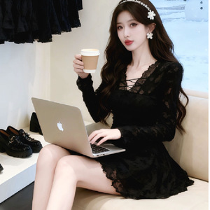 V Neck Lace Trim Long Sleeve Dress Women Autumn Winter Slim A Line <b>Skirt</b> Sheer Layer Daily Wear - Product Image 2