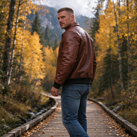Blouson aviateur vintage marron en cuir véritable pour homme, col rabattable, poignets côtelés, logo personnalisé, vente en gros d'usine, manteau en cuir d'extérieur