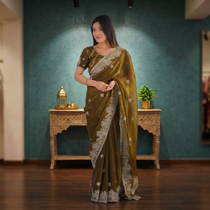 Women's Olive <b>Green</b> <b>Silk</b> Saree With Zari Embroidery And Hotfix Work Traditional Wedding Wear India Pakistan Style - Product Image 1